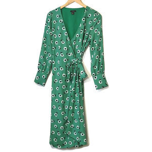 Halogen Green Floral Daisy Wrap Midi Dress V-Neck Long Sleeve Tie Waist XSP